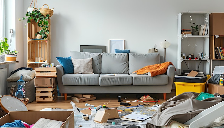 Photo sofa with shelving unit and drawers in messy dining room