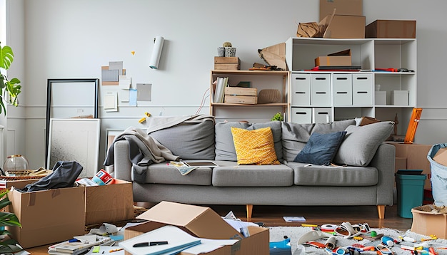 Photo sofa with shelving unit and drawers in messy dining room