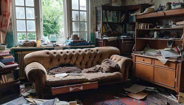 Photo sofa with shelving unit and drawers in messy dining room