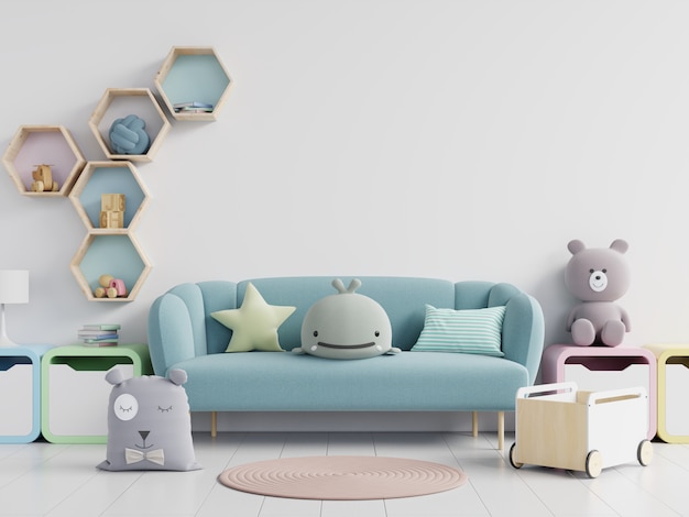 Sofa with soft toys on white wall