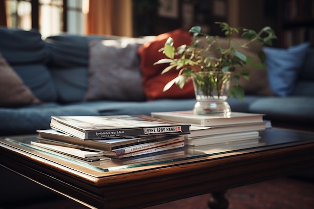 Sofa with a stack of magazines on the coffee table