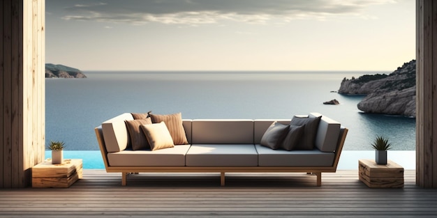 A sofa with a view of the ocean in the background.