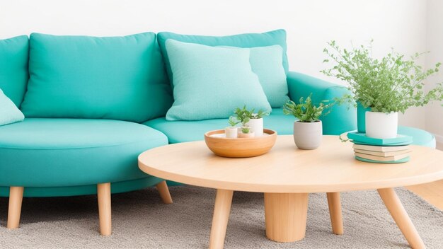 A sofa with a wooden table