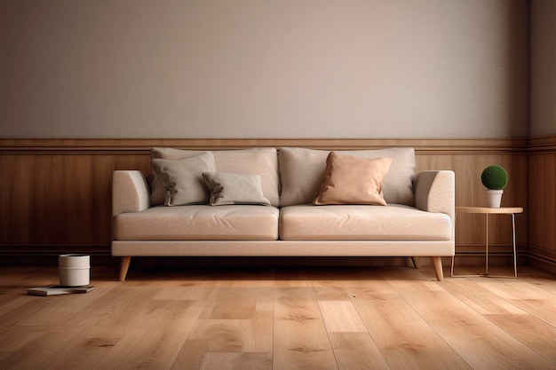 A sofa with a wooden wall behind it