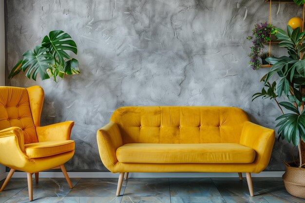 Photo sofa and yellow chair in studio apartment with concrete wall loft scandinavian home interior