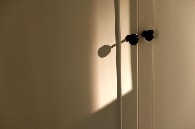 Soft afternoon sunlight falling on closet door with two black doorknobs