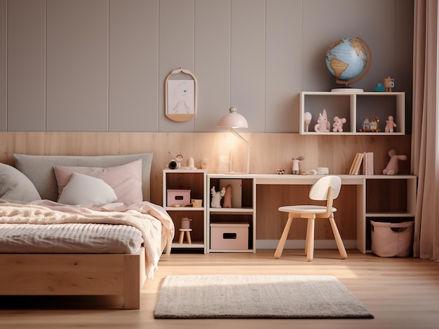 Soft and airy kid room adorned with light wood accents AI Generation