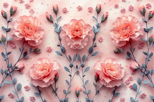 Фото Мягкие и модные цветущие гвоздики бесшовный рисунок современный на полке точки на светло-розовом фоне дизайн для модных тканей и отпечатков
