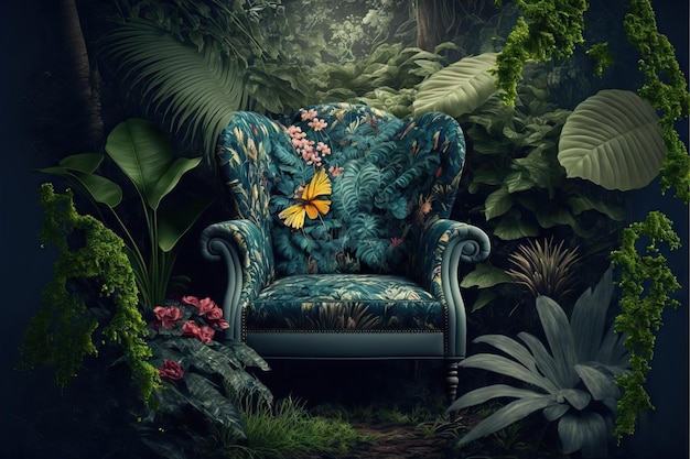 Soft armchair among exotic tropical plants created with generative ai