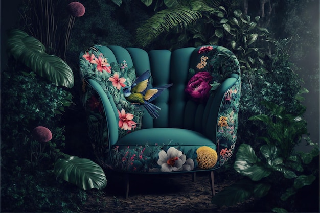 Soft armchair among exotic tropical plants created with generative ai