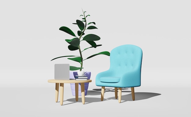 Soft armchair table laptop coffee cup notepad book plant white background 3D rendering Empty couch living room urniture demonstration workspace minimal style Cozy home interior design lobby showcase