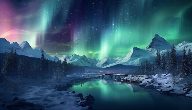 Soft aurora borealis in a night landscape during the christmas period
