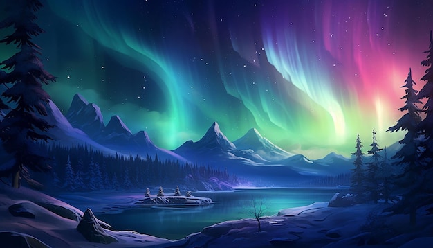 Soft aurora borealis in a night landscape during the christmas period