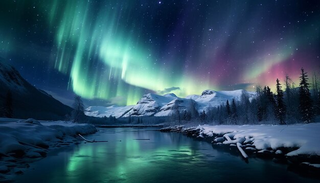 Photo soft aurora borealis in a night landscape during the christmas period