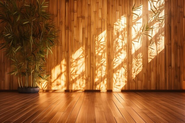 Soft and beautiful foliage dappled sunlight of tropical bamboo tree leaf shadow on brown wooden pane