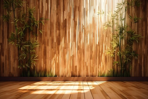 Soft and beautiful foliage dappled sunlight of tropical bamboo tree leaf shadow on brown wooden pane