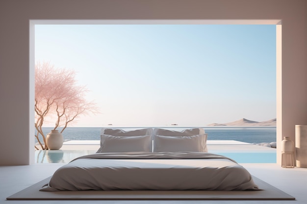 Soft bed in modern bedroom with pool view background for comfort and relax design