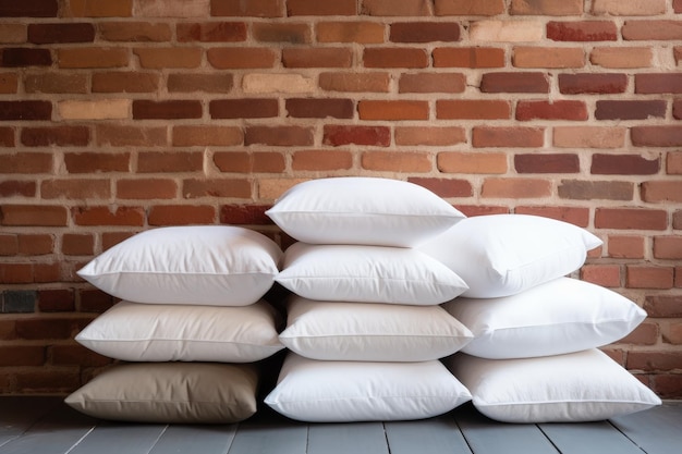 Soft bed pillows stacked on chair next to brick wall with room for text