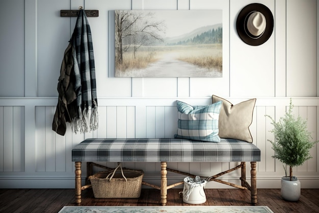 Soft bench with plaid in interior of light living room