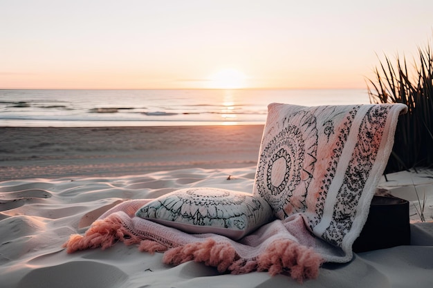 Soft blanket and pillow on the beach with view of the ocean created with generative ai