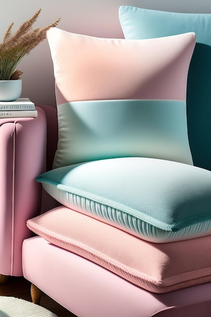 Soft blankets and pillows in light pastel colors