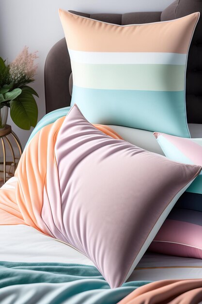 Soft blankets and pillows in light pastel colors