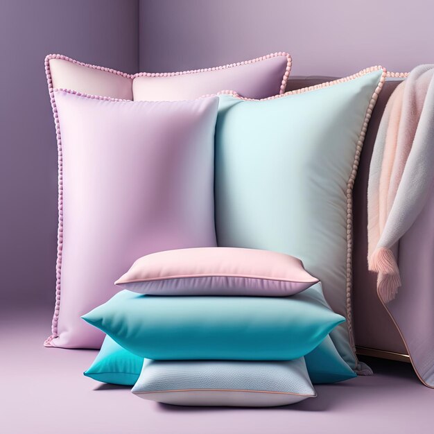 Soft blankets and pillows in light pastel colors