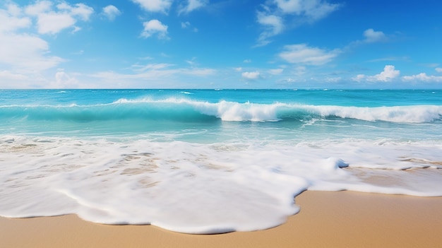 麗な砂浜の柔らかい青い海の波 沿岸の熱帯のビーチの波 衝突する波