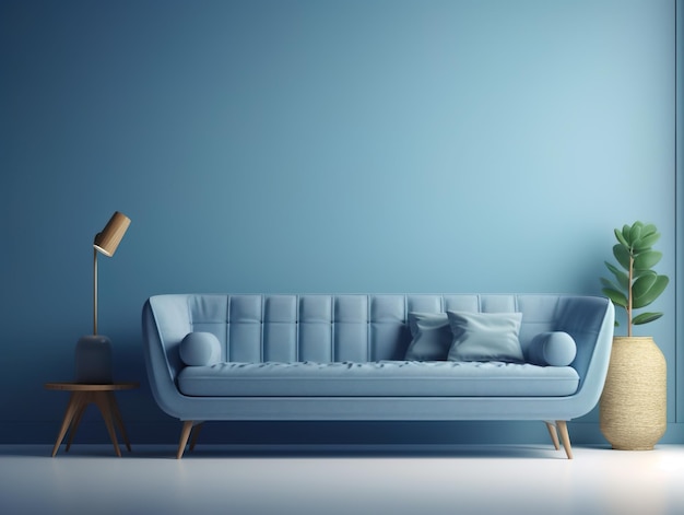 Soft blue sofa on blue background 3D illustration AI generated image Modern minimalistic living room interior detail Cosiness social media and sale concept creative advertisement idea