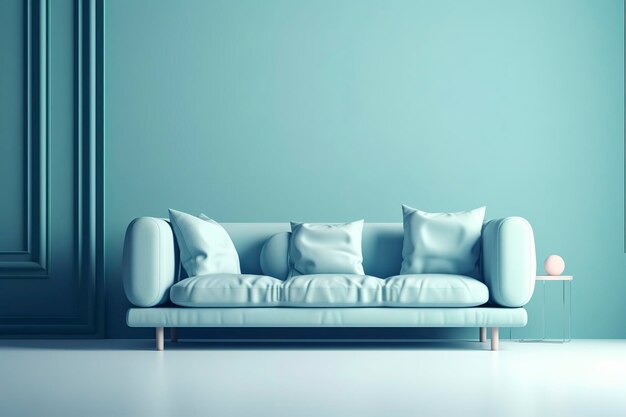 Soft blue sofa on a blue background 3D illustration Modern minimalistic living room interior detail Cosiness social media and sale concept creative advertisement idea AI generated image