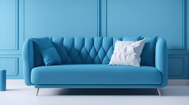 Soft blue sofa on blue background 3D illustration