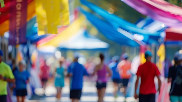 Photo a soft blur of colorful banners and tents create an indistinguishable background at a charity run