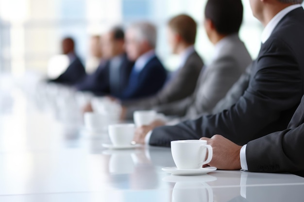 큰 테이블에서 만나는 흐릿한 사람들의 부드러운 추상 흐릿한 사무실 또는 회의실 비즈니스 개념 팀워크에 있는 직원 그룹