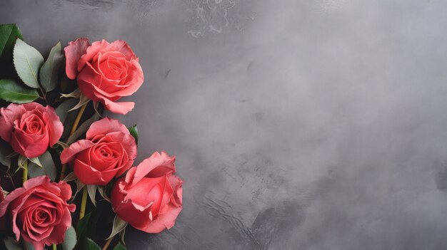 Soft blush red roses on slate grey background Copy space Space for text