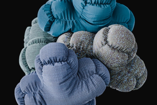 Soft bodies with fabric textures collapsing in black background d render