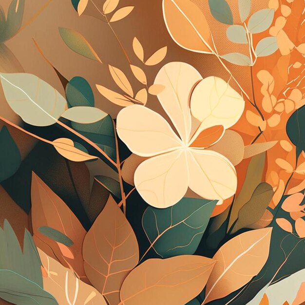 柔らかい茶色黄色オレンジピンクの色茎と葉を持つ花水彩画の背景