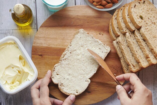 Soft butter spread and breads on table