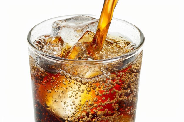 Photo soft carbonated cola drink is poured into a glass of ice