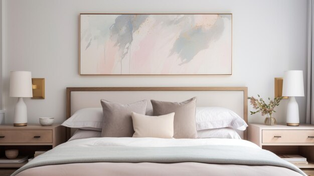 Photo soft color palette bedroom with wood frames and highquality bedding