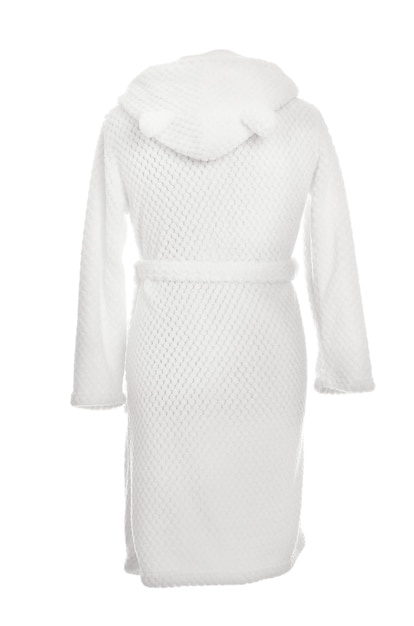 Soft comfortable bathrobe on mannequin against white background