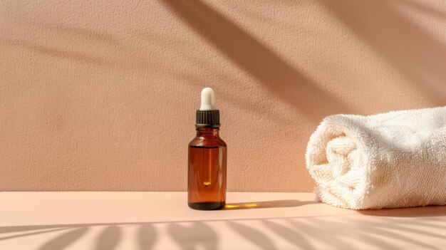 A soft cotton towel beside a bottle of essential oil