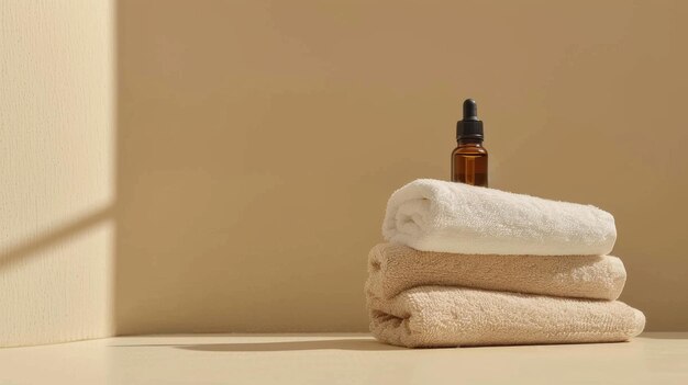 A soft cotton towel beside a bottle of essential oil