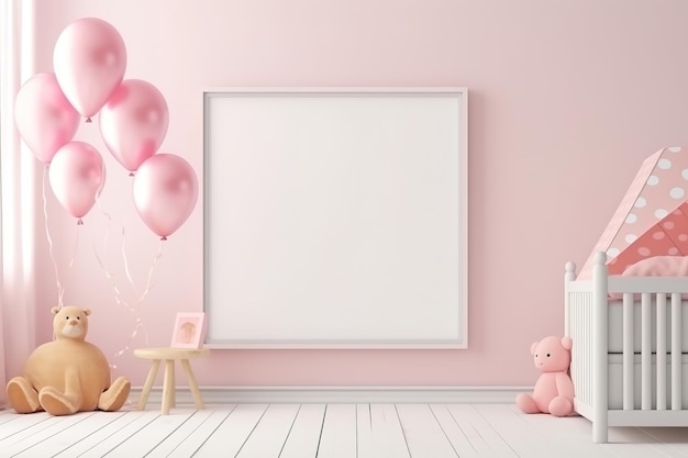 Soft and cozy children's room background featuring a mockup poster frame Generative Ai