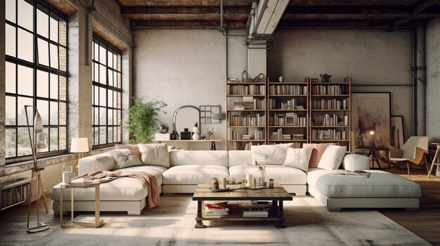 Soft cream Living room interior in loft industrial style 3d render generative ai