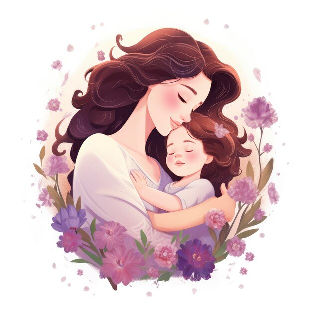 Soft Cute Illustration of a Mom Cuddling with Her