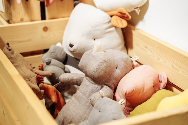 Soft cute toys in wooden box