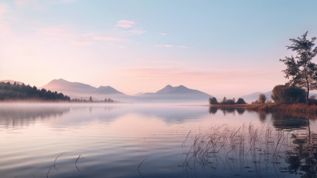 Soft Dawn Colors Reflected in Tranquil Lakeside Waters near Mountains