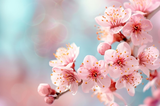 Soft Dream blooming in spring season Pink cherry blossom Sakura tree branch Spring border or backgro
