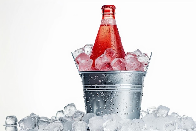 A soft drink bottle in ice bucket