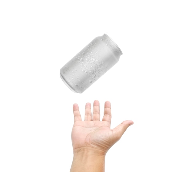 Soft drink cans and men's hand on white background